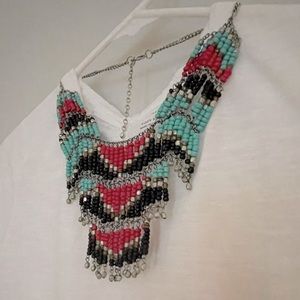 Turquoise and Red Beaded Statement Necklace